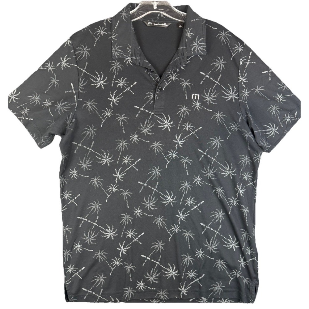 Travis Mathew Men's L Polo Shirt Palm Tree All Over Print Golf Performance Black